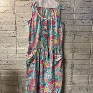 Vintage 80s Button Front Sleeveless Dress Sundress Pastel Tropical Floral  Med